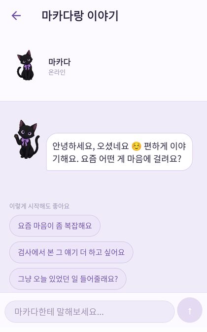 나울 앱에서 검은 고양이 마카다와 대화하는 화면